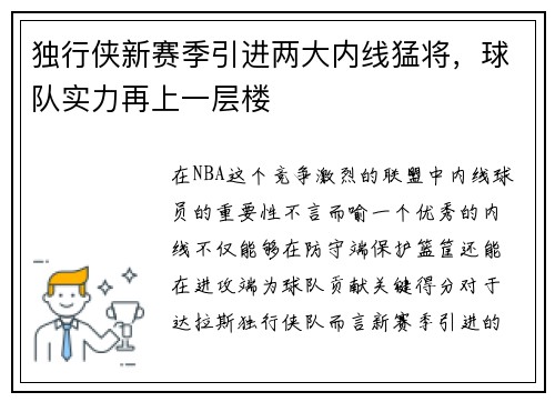 独行侠新赛季引进两大内线猛将，球队实力再上一层楼